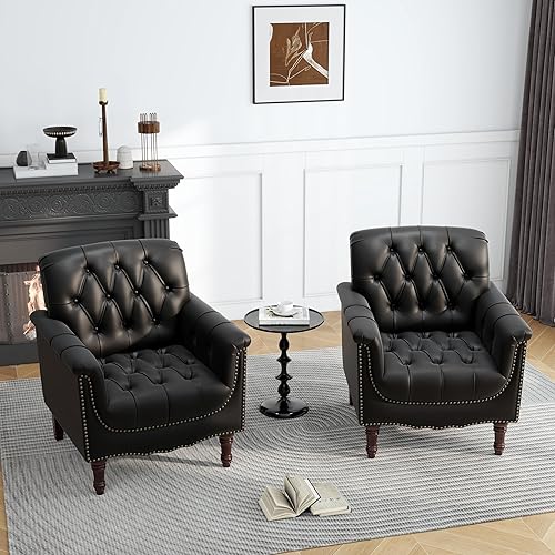 Miniatura 11 de UIXE - Juego de 2 sillas decorativas de cuero sintético, cómodo sillón tapizado para sala de estar, silla con botones decorativos y brazos, sofá