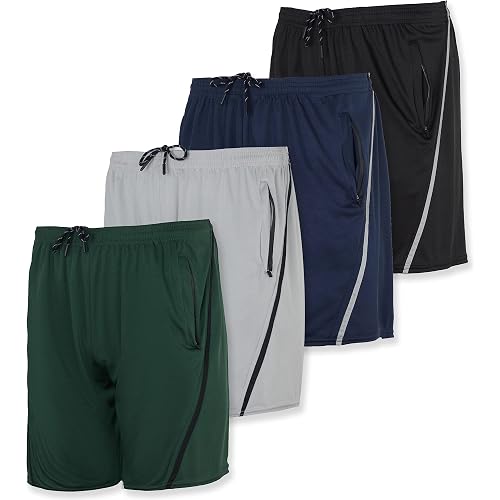 Real Essentials 4 Pack: Men's 7" Athletic Running Quick Dry Mesh Shorts with Zipper Pockets (Available in Big & Tall)