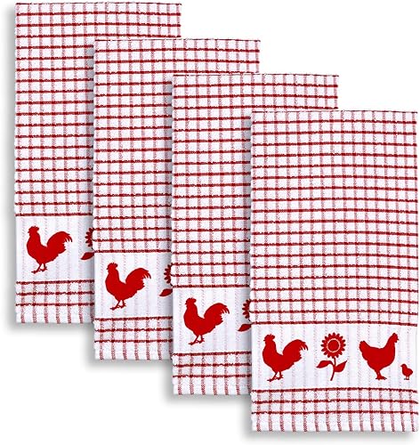 Miniatura 1 de Cackleberry Home Juego de 4 toallas de cocina de algodón a cuadros para ventana de patio trasero (rojo)