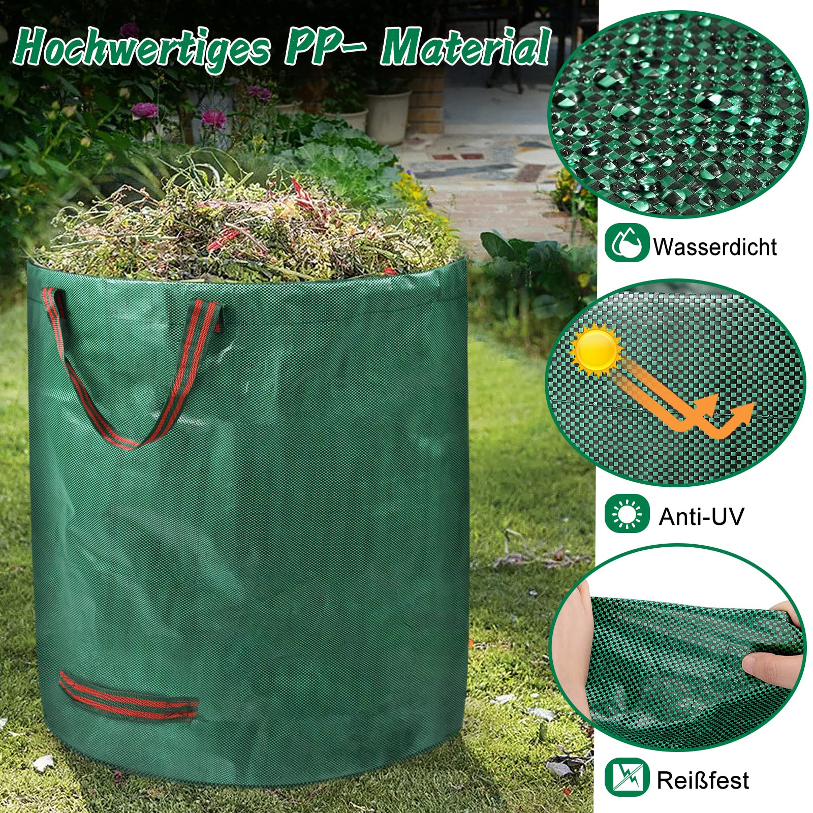 UISEBRT 2 sacchi per rifiuti da giardino con manici, 272 l, sacchi per foglie da giardino, doppio fondo, pieghevoli, resistenti, impermeabili e autoportanti, per rifiuti da giardino, fogliame, verde