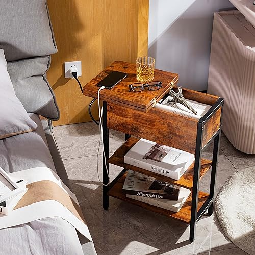 Miniatura 2 de Yoobure Mesa auxiliar con estación de carga, mesa auxiliar abatible con puertos USB y tomas, mesa de noche para sala de estar, dormitorio, mesita de