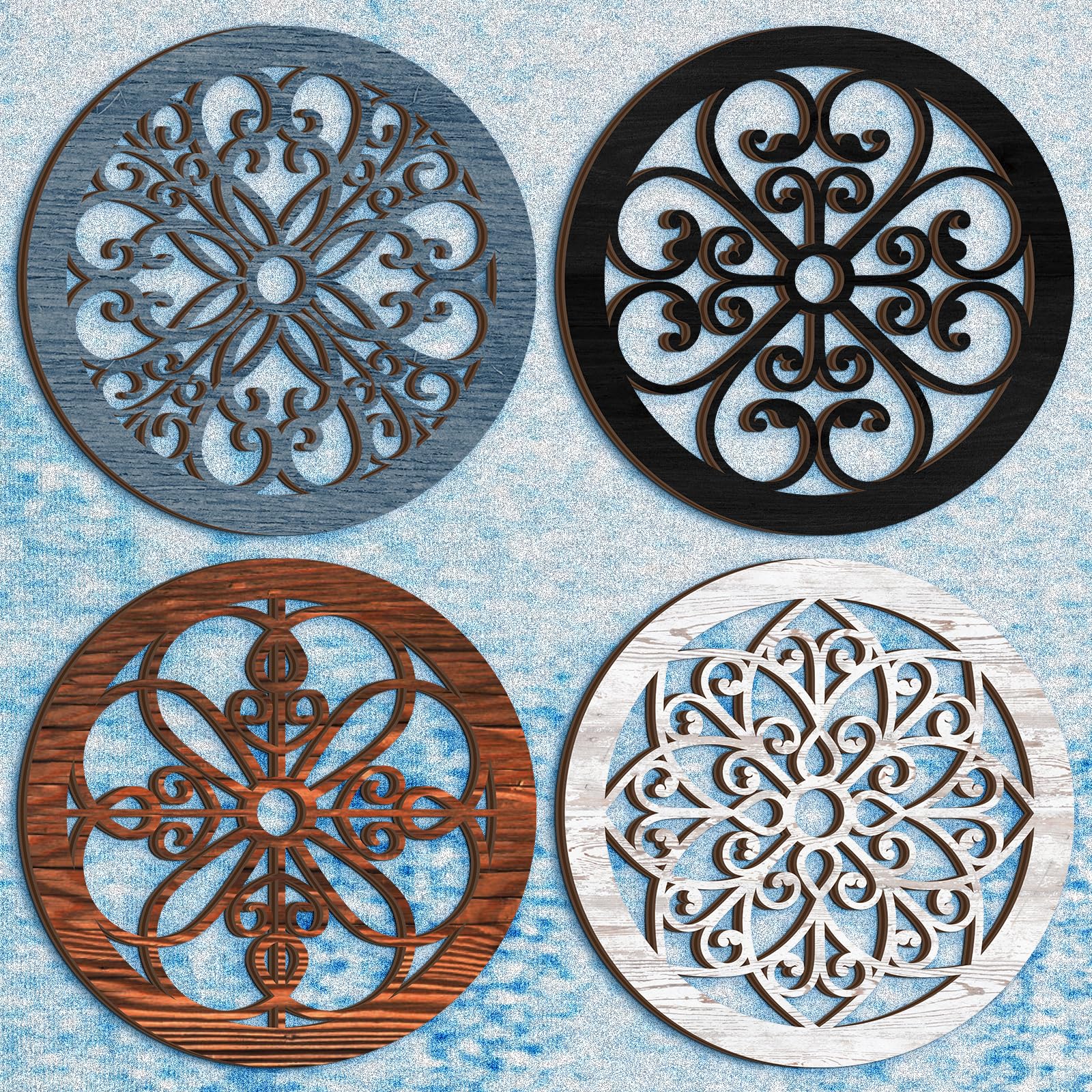 Yulejo 4 Pcs Thicken Rustic Wall Decor Farmhouse Kitchen Wall Round Art Wooden Hollow Carved Design Rustic Art for Living Room Bedroom Hallway Decor (