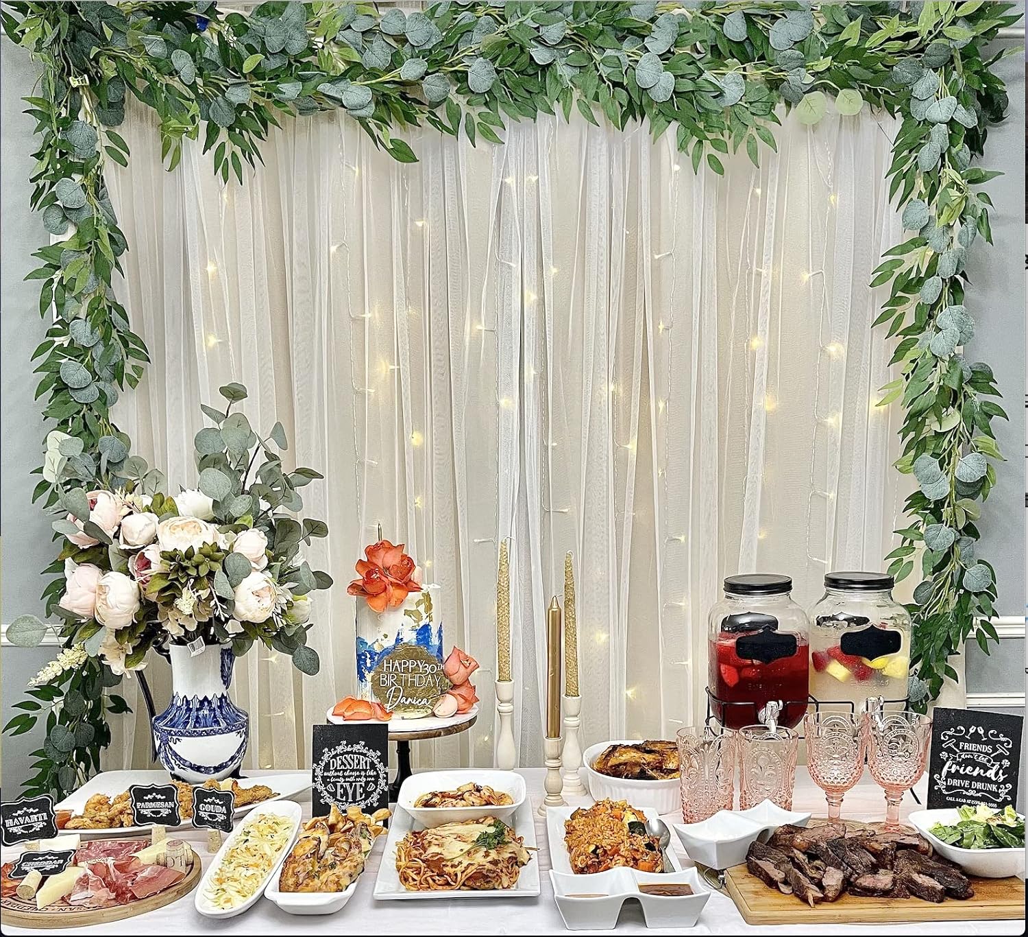 COCOBOO 4 Pack 6.5 Feet Artificial Eucalyptus Garland with Willow Leaves, Fake Greenery Garland with Silver Dollar for Mantle Wedding Table Runner Decoration Indoor Outdoor Decor