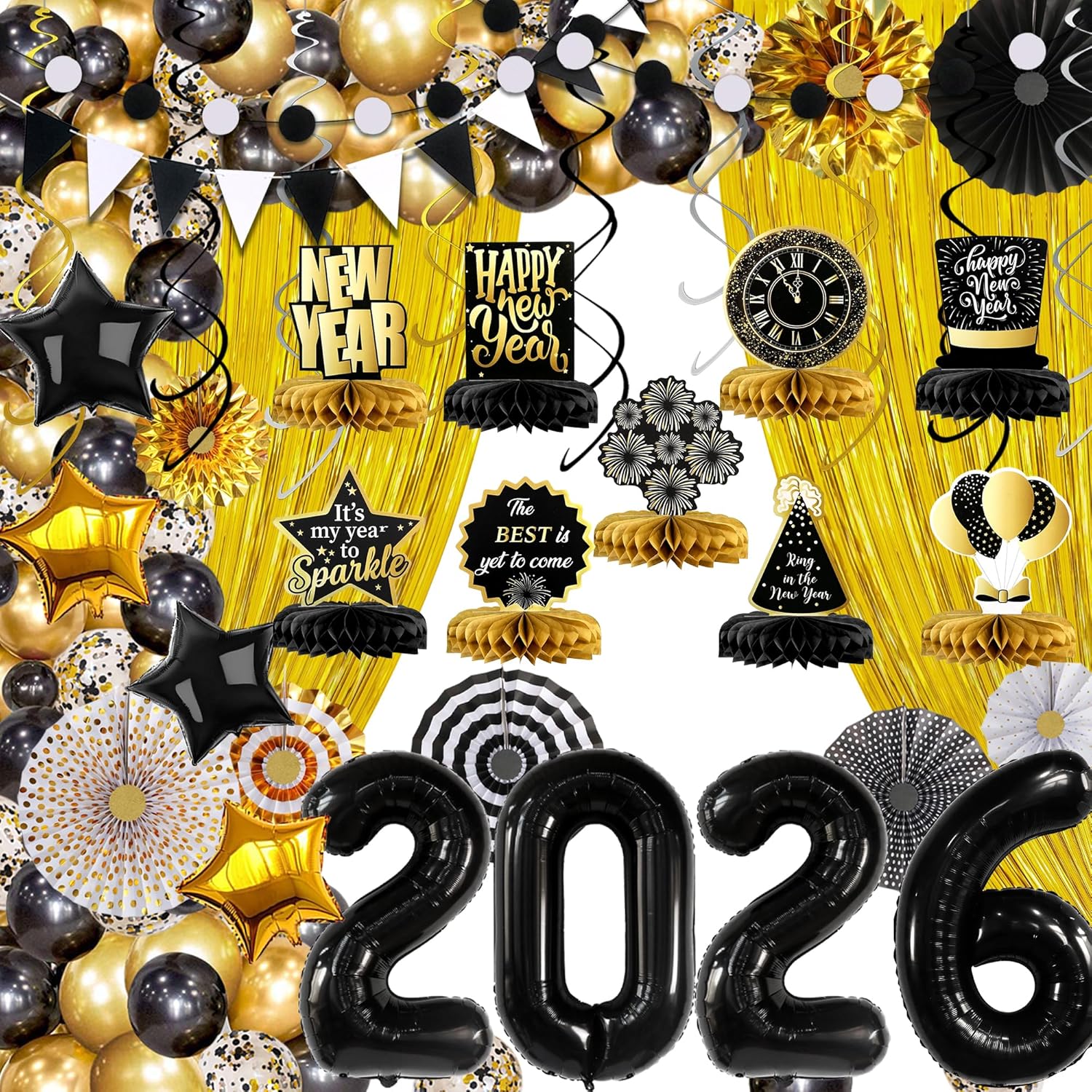 KatchOn, Happy New Year Decorations 2026 Black and Gold Set and New Years Centerpieces | NYE Decorations 2026 for Table | Happy New Year Balloon Arch Kit | New Year Eve Party Supplies 2026