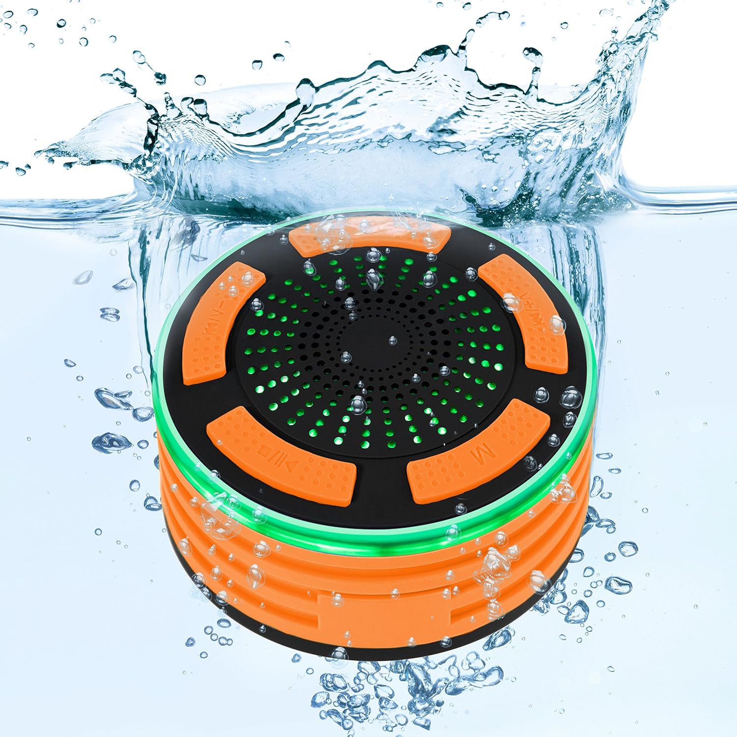 Orange and black floating Bluetooth speaker with green LED lights, partially submerged in water with splashes.