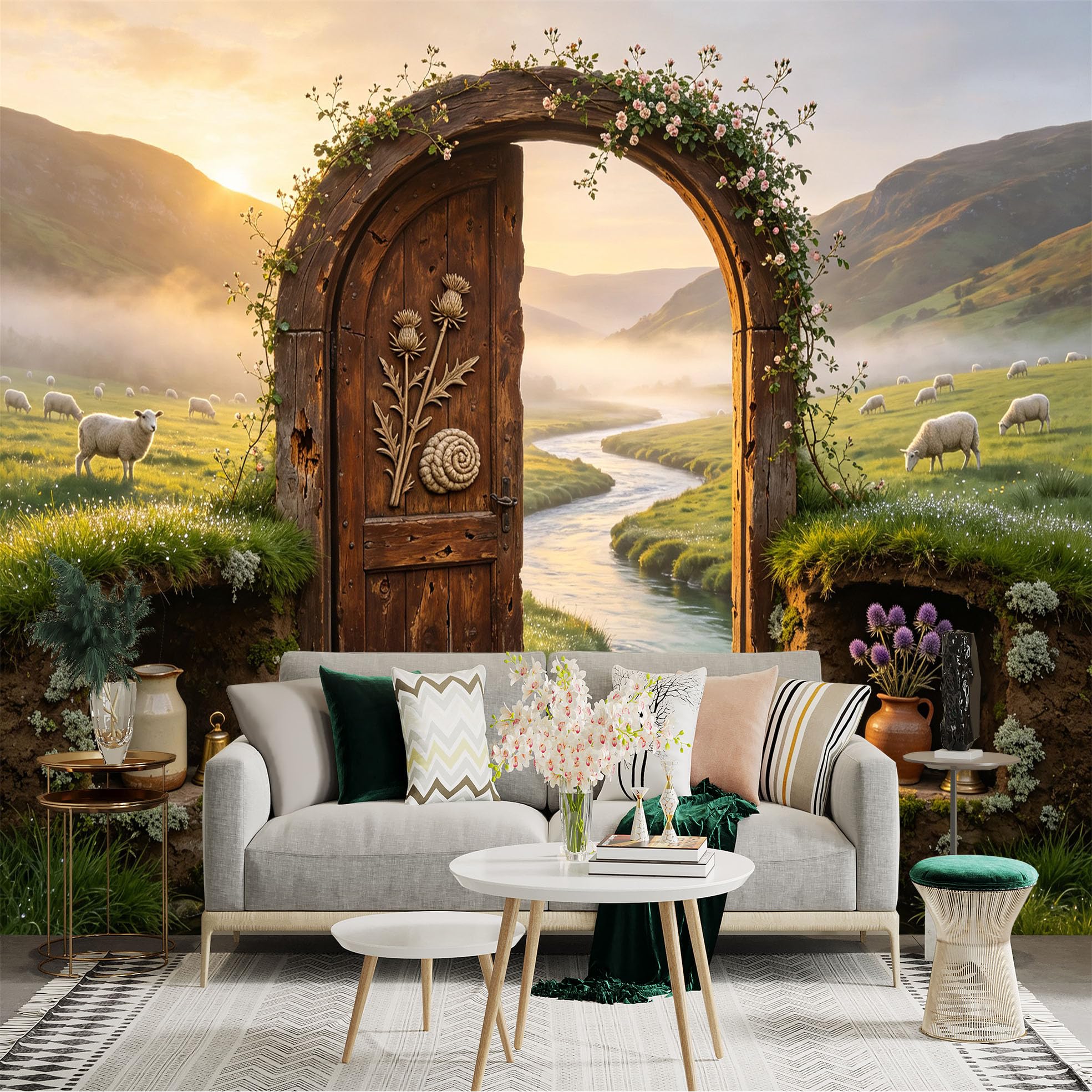 Custom Size Wall Sticker Mural， Rustic Wooden Arch Door， River Valley and Sheep Meadow， for wall Decoration， peelandstick wall Decals.