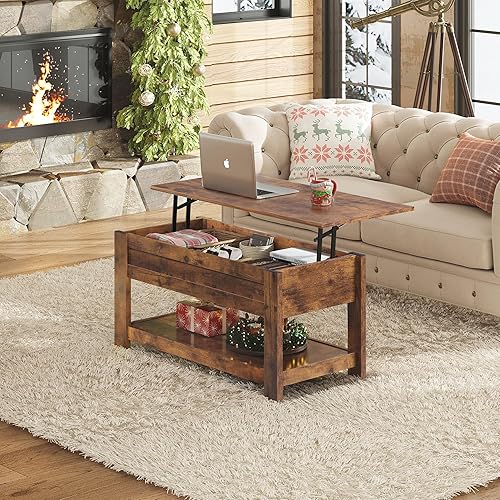 Vista 2 de WLIVE Coffee Table, 39" Lift Top Coffee Table with Hidden Compartment and Storage Shelf for Living Room, Rustic Brown Marrón (Rustic Brown)