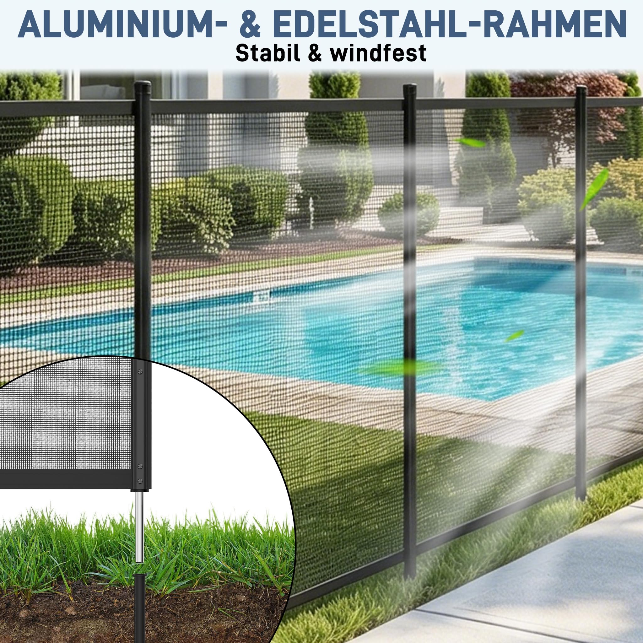 LZQ Poolzaun Kinder Sicherheitszaun Pool Schutzzaun Abnehmbar Gartenzaun Poolschutz Schwimmbadzaun Teichzaun Sichtschutz Zaun Outdoor mit Aluminiumrahmen Poolzaunnetz für Garten Terrasse, 724x136cm