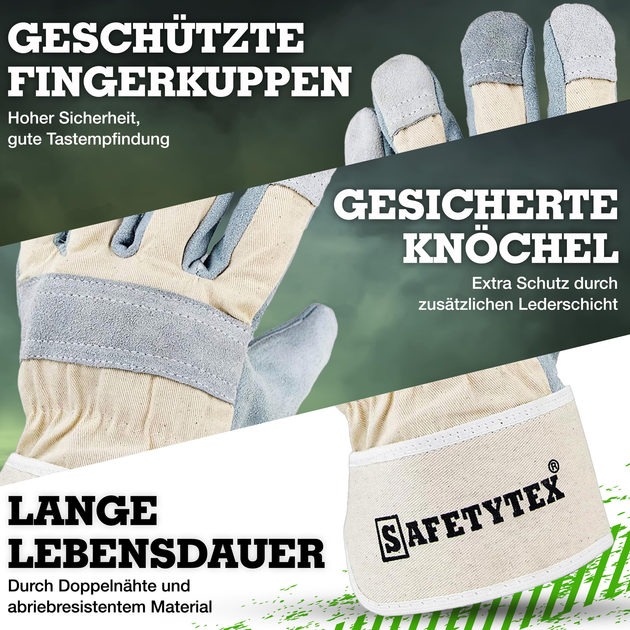 Safetytex Leder Arbeitshandschuhe - Rindspaltleder Handschuhe - Profi Rindspalt Handschuhe mit Canvas Stulpe - Verstärkte Fingerkuppen & Knöchelschutz - Größe 10,5 - Menge wählbar (60 Paar)