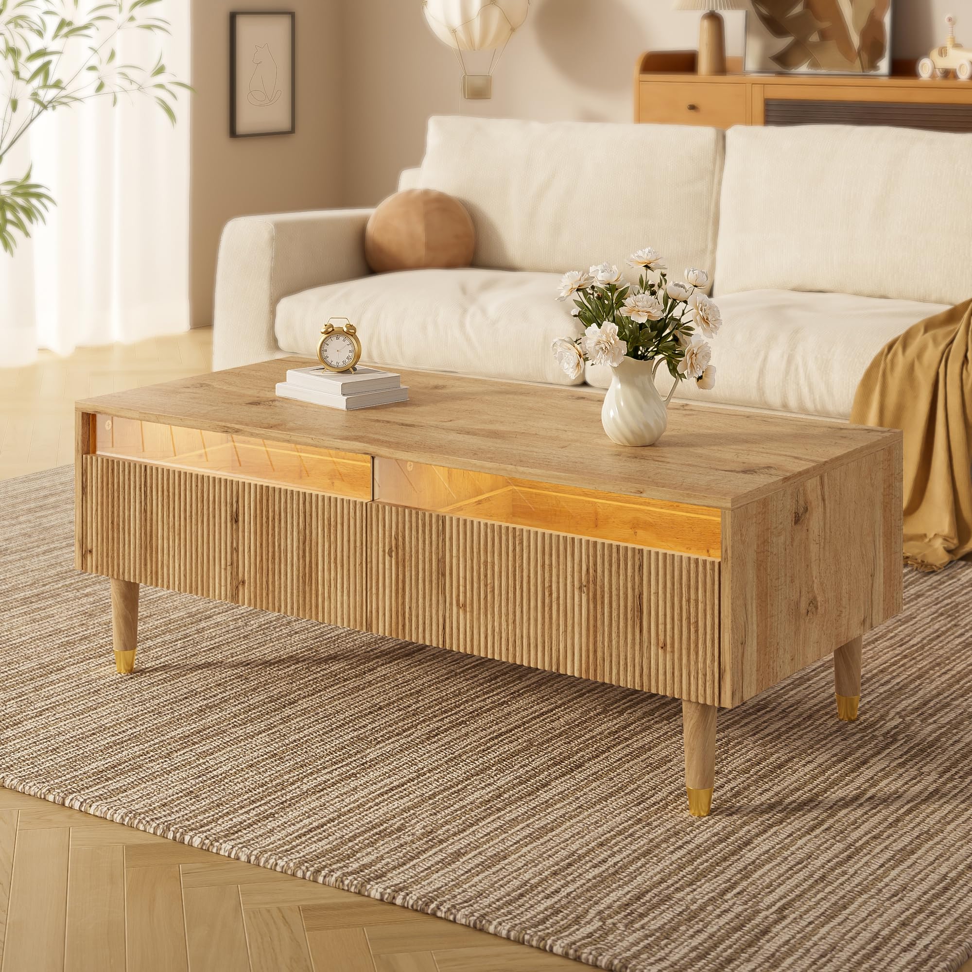 MURUL Mesa de centro moderna con cajón ondulado, patas de madera dorada, dos cajones