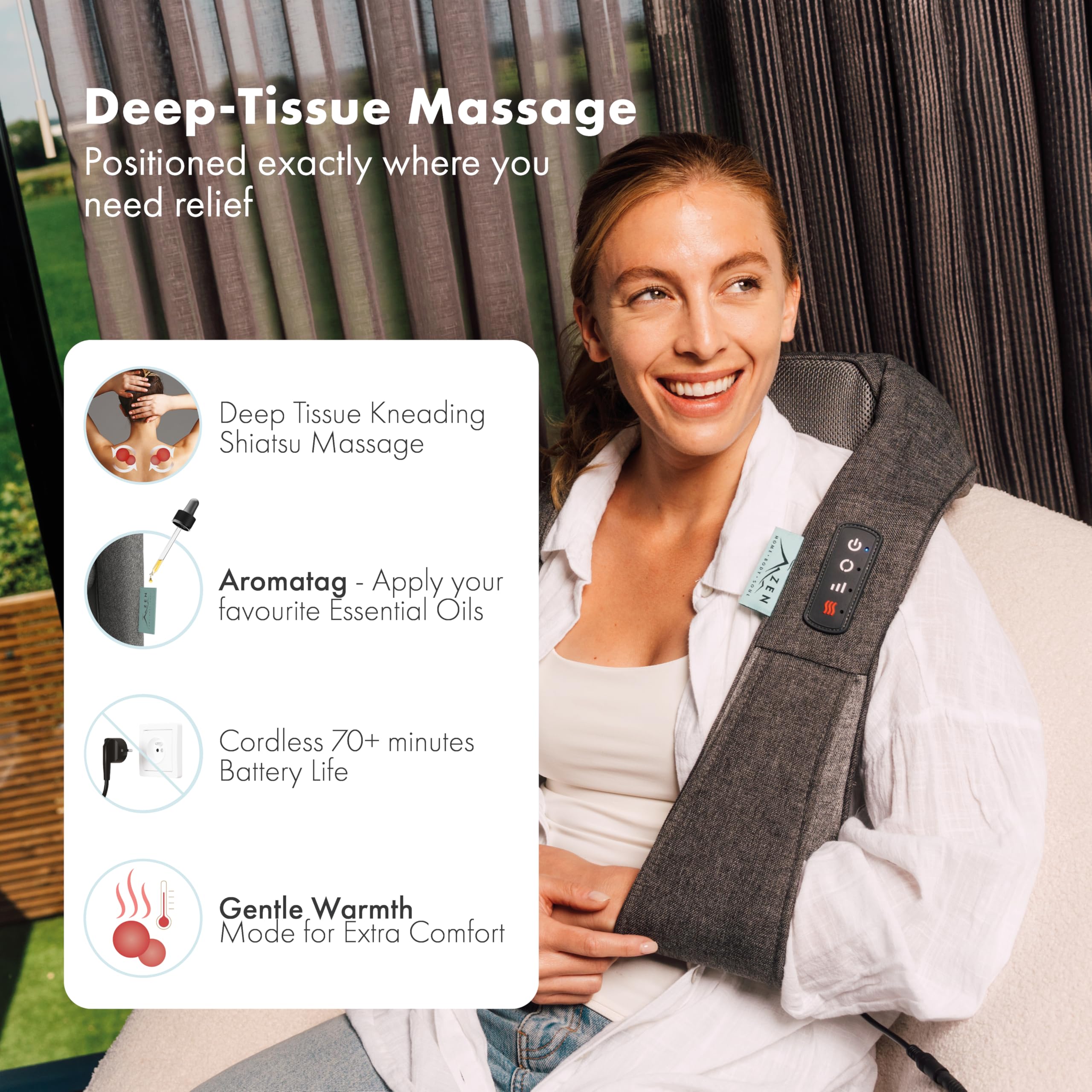 Masseur Cou & Épaules Zen Matterhorn - Deux Directions de Massage - Trois Vitesses - Chaleur apaisante - Étiquette Aromathérapie - Fontionne sur batterie rechargeable