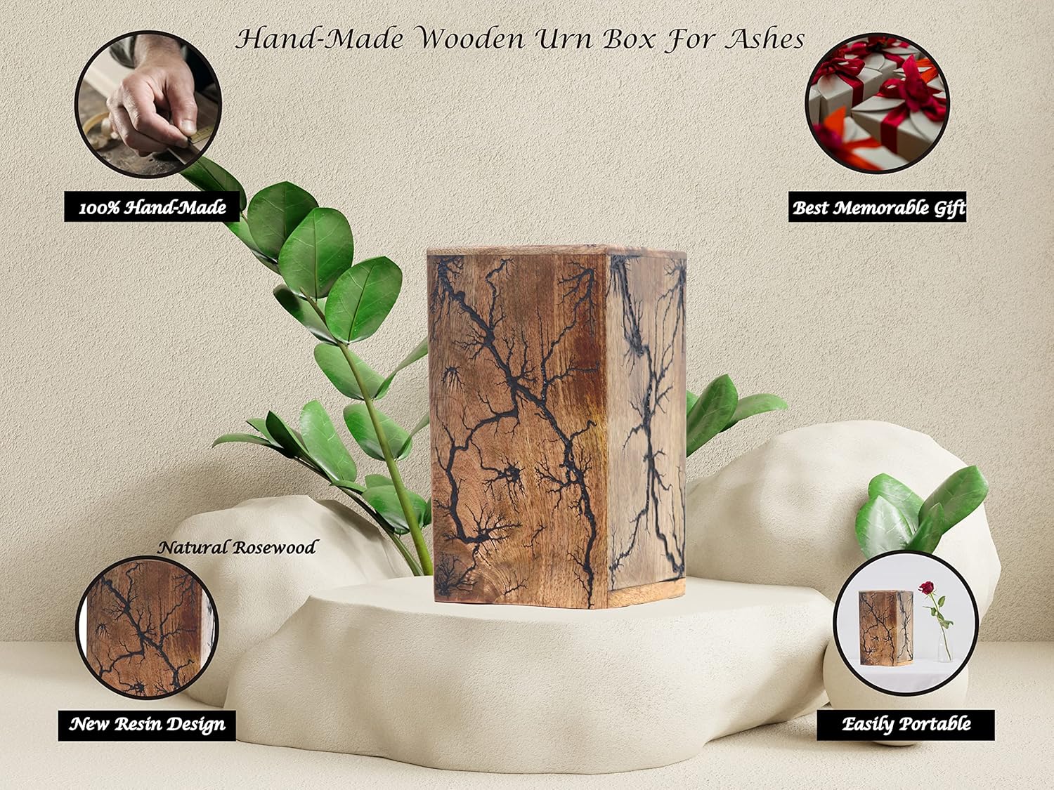 Wooden Urn Box Funeral Cremation Urns for Human Ashes Adult Large - Burial Urns for Columbarium - Fractal Burn Wooden Urn Box - Cremation Urns for Adult Ashes up to 172lbs (9.5" x 5.5" x 5.5")