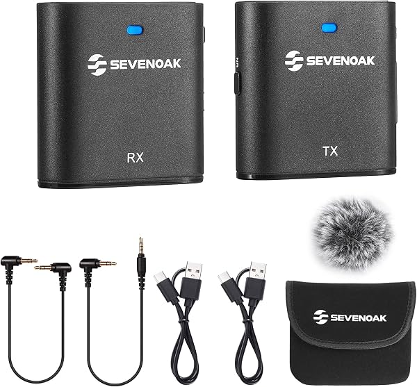 Micrófono de solapa inalámbrico Sevenoak para cámaras y videocámaras, cancelación de ruido, alcance de 328 pies, micrófonos de solapa estéreo compactos inalámbricos de clip para grabación de video, transmisión en vivo de YouTube y podcasts, 2.4Ghz