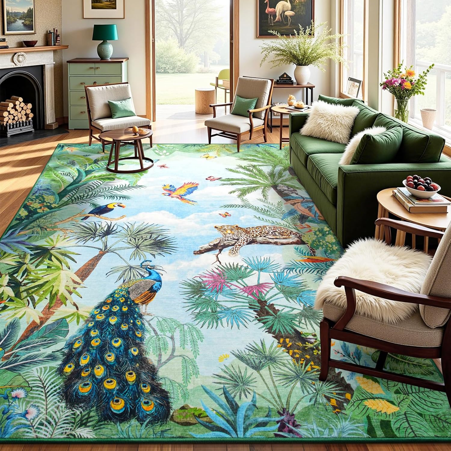 HOMORE Washable Rug 6x9 Animal Rugs for Living Room Bedroom Jungle Green Rug with Forest Tree Plant Safari Rugs with Peacock Leopard Non Slip Floor Carpet for Nursery Kids Room