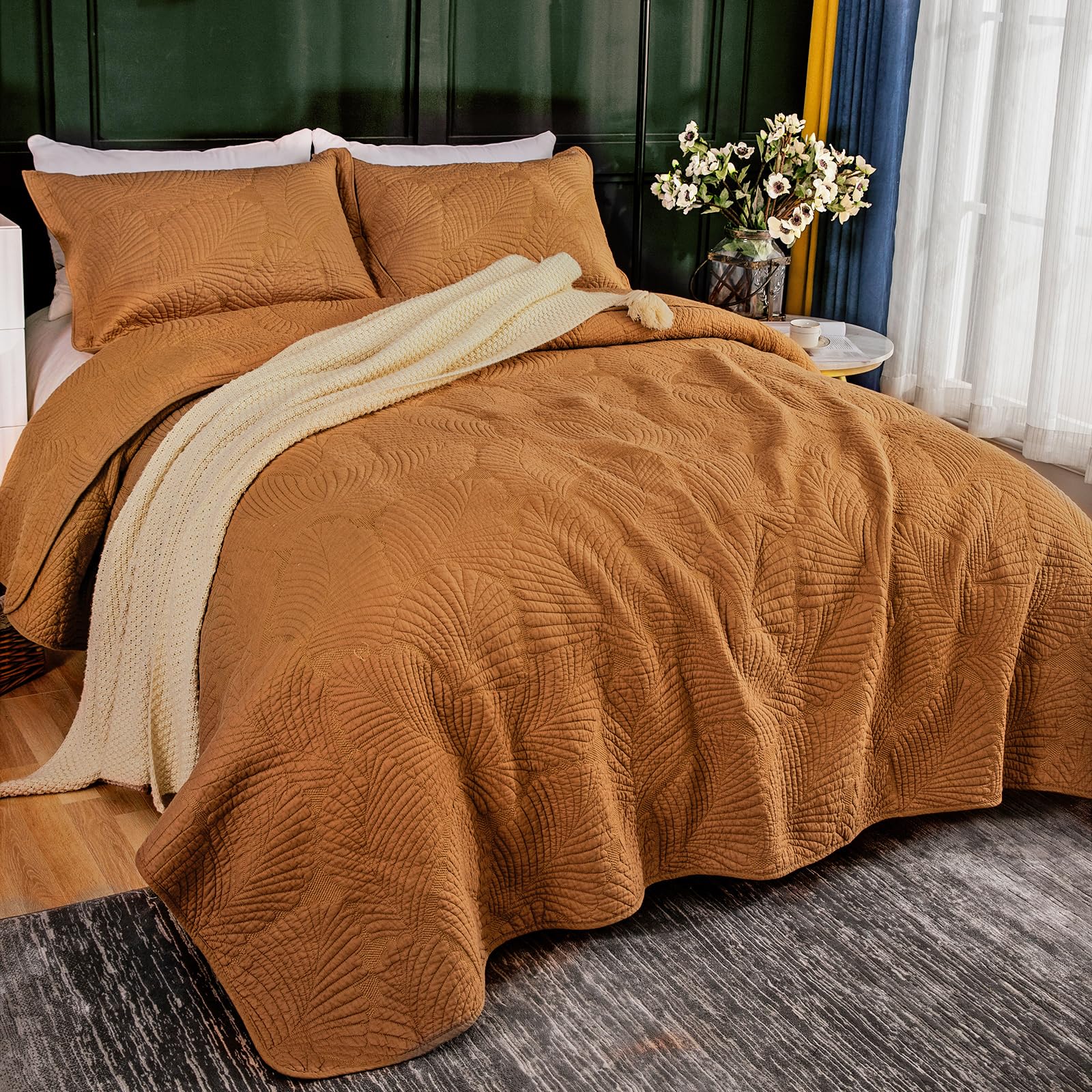 Qucover Colcha Acolchada Cama 180 Suave y Cómoda de Algodón, Juegos de Colchas con 2 Fundas para Almohadas 50x75cm, Naranja 250x270cm