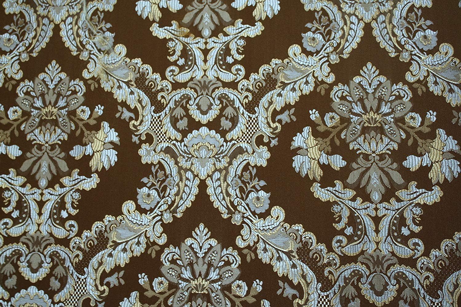 Damask Upholstery and Drapery, Jacquard Fabric Sold by The Yard (Chocolate/Blue)