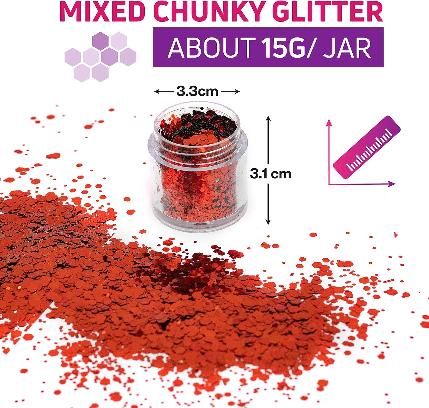 Azberg Chunky Glitter for Crafts Pack of 20 Colors Total 155g - Body Glitter for Eye and Face Makeup - Fine Resin Glitter in Different Size : Beauty & Personal Care