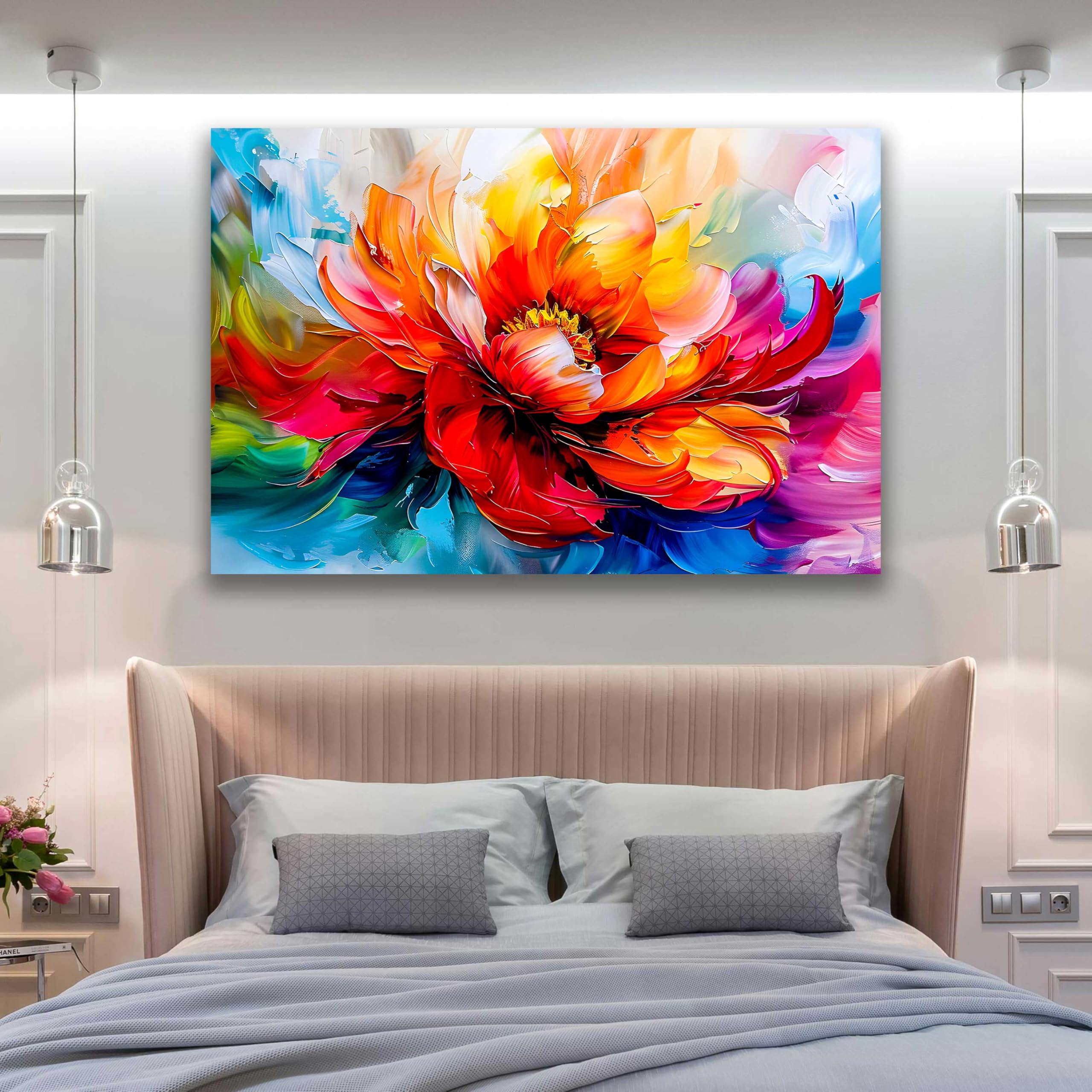 Kunstbruder 80x120 cm Abstrakt Blumen Entfaltung – Farbdynamik Rot Orange Pink, Abstract Bloom, Leinwandbild, Kunstdruck, Premium Wandkunst