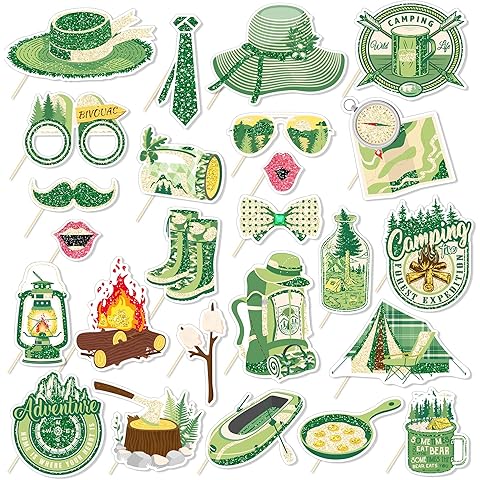 25Pcs Camping Photo Booth Props with Stick - Camp Theme Selfie Props for Camper Birthday Party Supplies, Hiking Photography Backdrop Decorations, Outdoor Adventure Wedding Decor