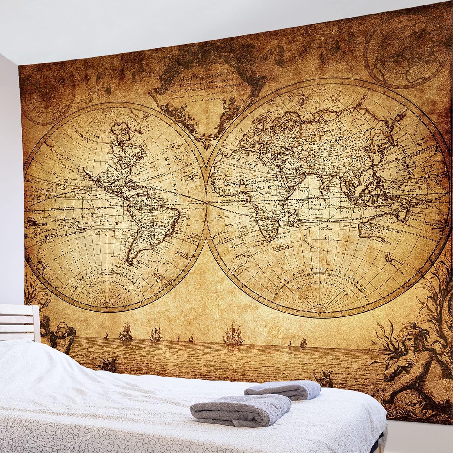 LB World Map Tapestry Retro Sea Route on Ancient Treasure Map Wall Hanging Nautical Tapestries for Living Room Bedroom Dorm Decor,92.5Wx70.9H inches