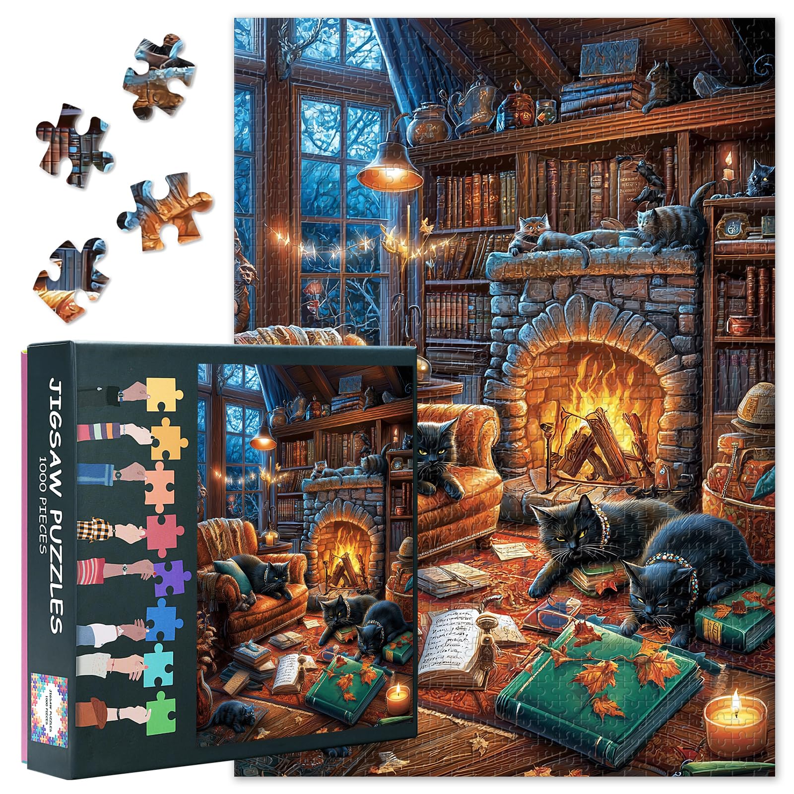 Cozy Cats by the Fireplace - Bookshelf Cat 1000 Piece Puzzle for Adults - Vibrant Cat Lover Challenging Puzzle for Game Nights - Finished Size is 27.5" x 19.6" (Cats)