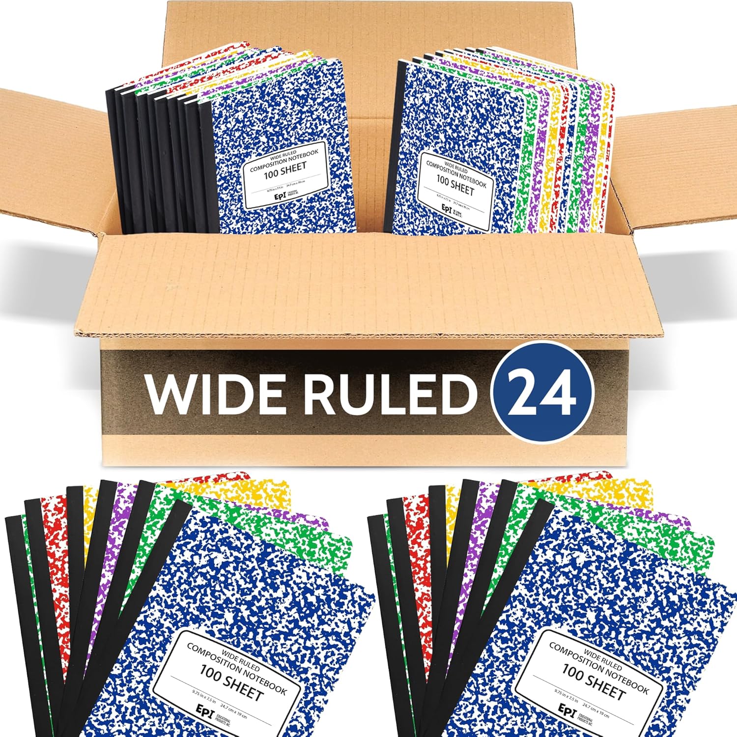 24 Pack - EPI Wide Ruled Marble Composition Notebook - Assorted Colors 200 Page Note Book - 9.75 x 7.5 Inch Hardcover Journal with Sewn Binding for Secure Pages - Classroom Back to School Supplies