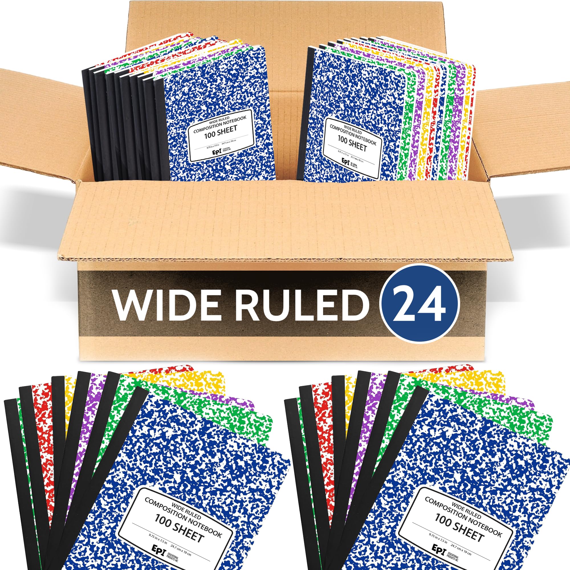 EPI 24 Pack - Assorted Colors Marble Composition Notebook - Wide Ruled 200 Page Note Book - 9.75 x 7.5 Inch Hardcover Journal with Sewn Binding for