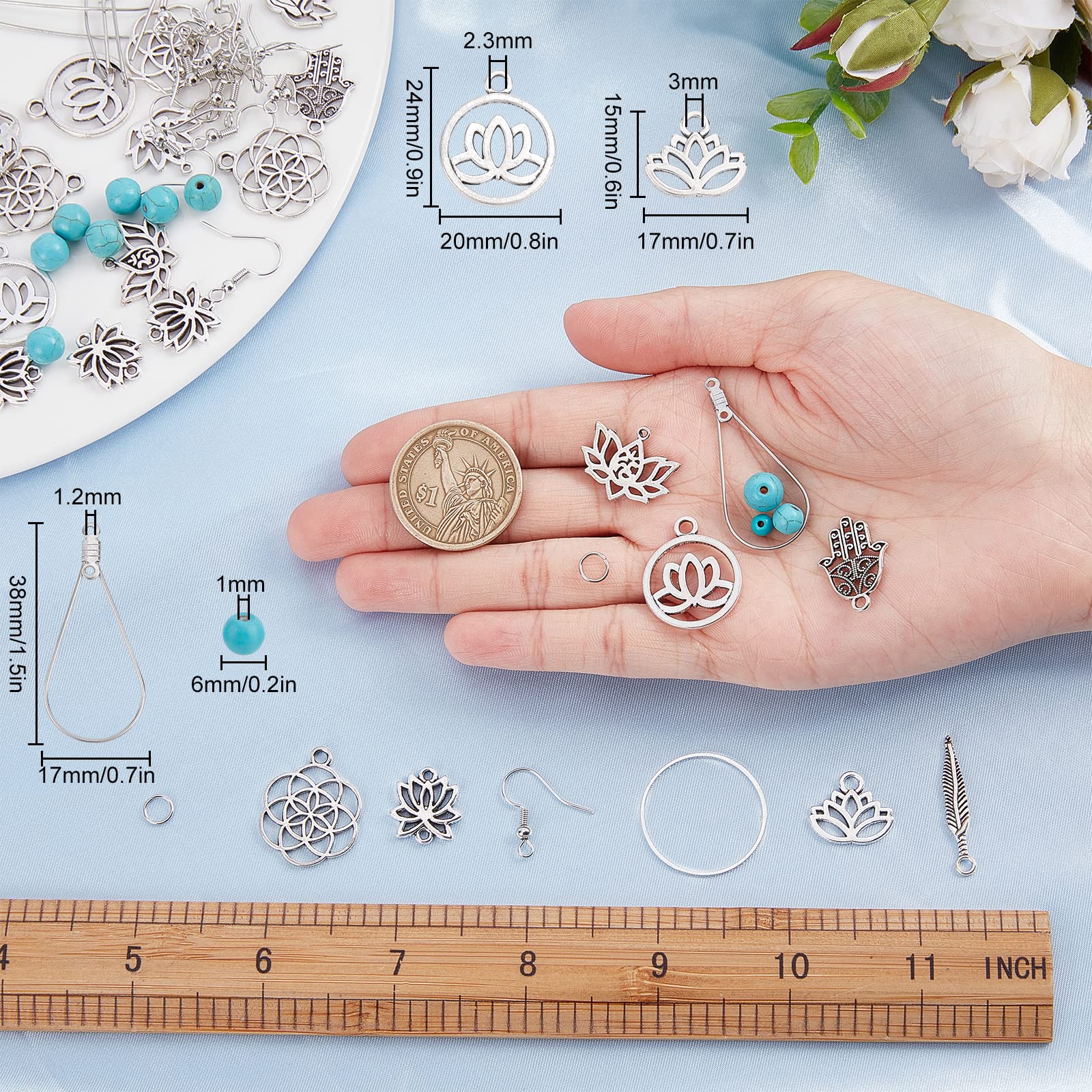 SUNNYCLUE Lotus Flower Earrings Making Kit - 10 Pairs Chakra Yoga OM Charm Jewelry DIY Set