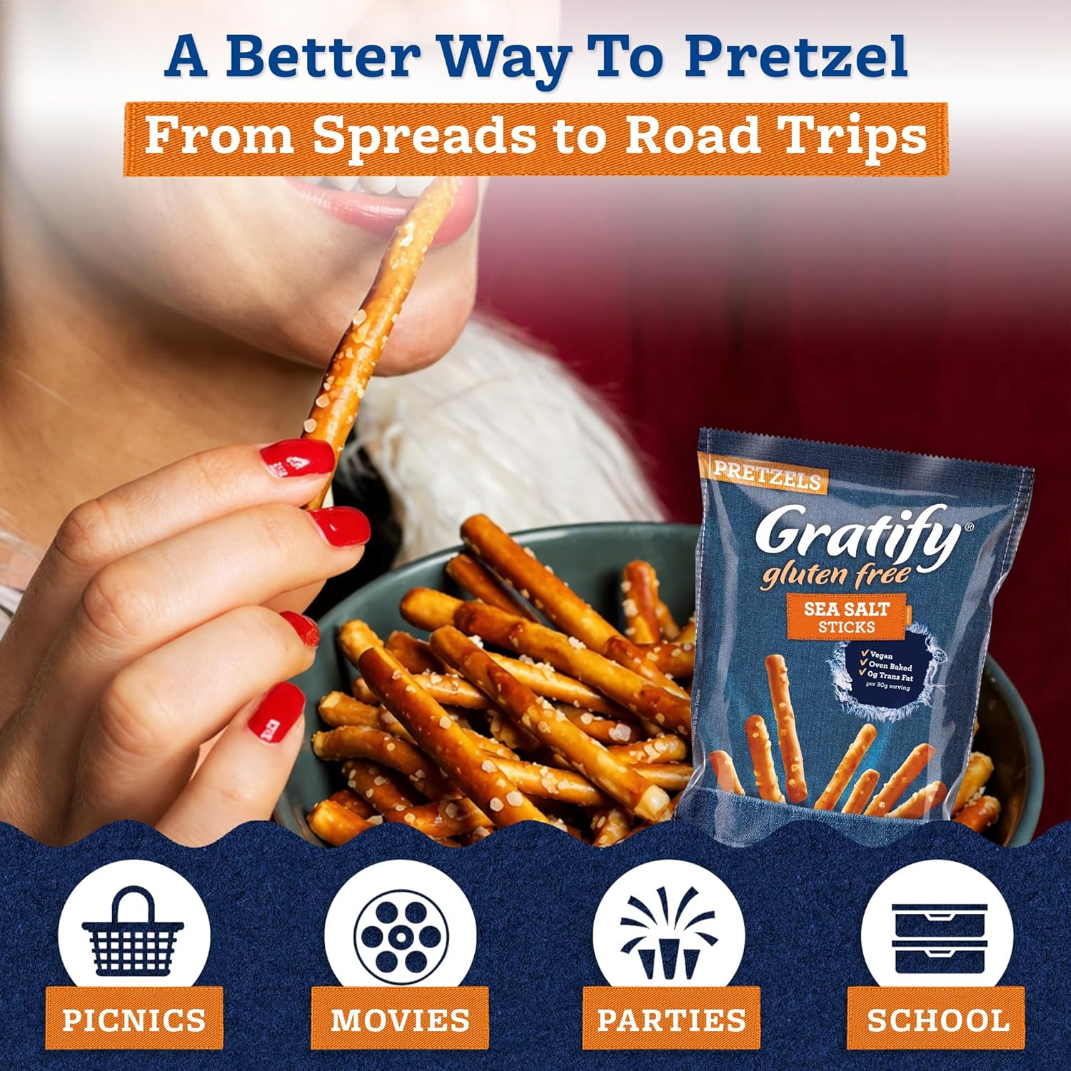 Gratify Gluten Free Pretzel Sticks - GF Pretzel Snack Bags, Gluten-Free Mix for Adults & Kids, Hummus Dip, Individual Packs, Vegan Friendly, Kosher - 10.5oz Bag (Pack of 6)