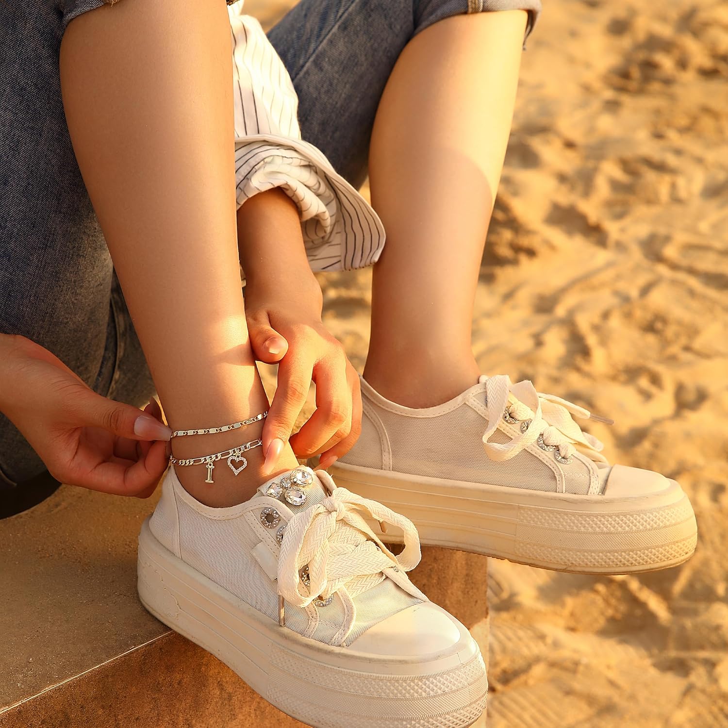 Initial Ankle Bracelets for Women Waterproof 14K Gold Plated Dainty Layered Figaro Chain Letter Initial CZ Heart Ankle Bracelets Set Summer Beach Jewelry for Women - Image 4