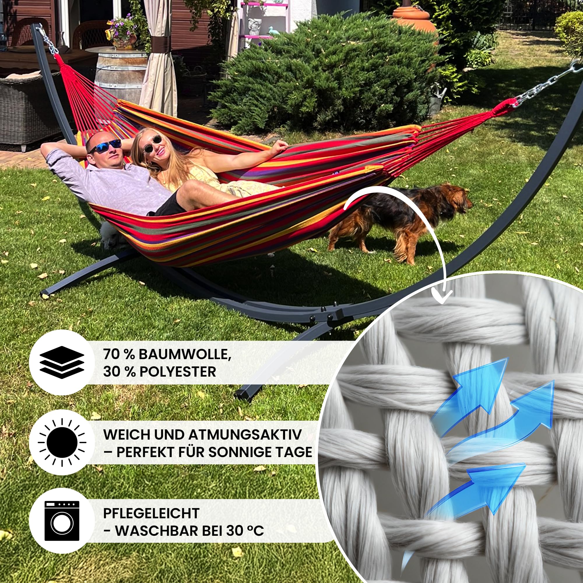 Potenza Outdoor Hängematte mit Gestell für 2 Personen I Baumwolle Doppelhängematte XXL 220x160, 200kg I Hängemattengestell 220kg, wetterfest (Grau, Basic Gestell Graphit)