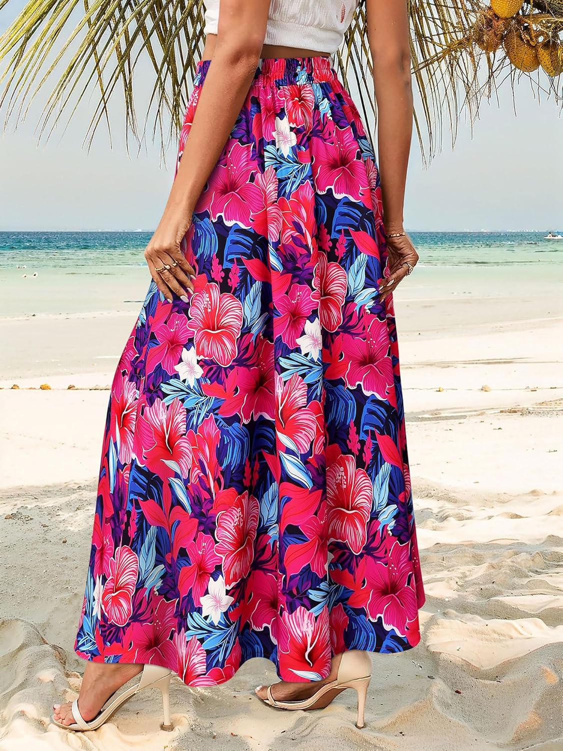 Ezcosplay Women Maxi Hawaiian Floral Slit Skirt High Elastic Waisted Split Thigh Long Skirts with Pockets - Image 6