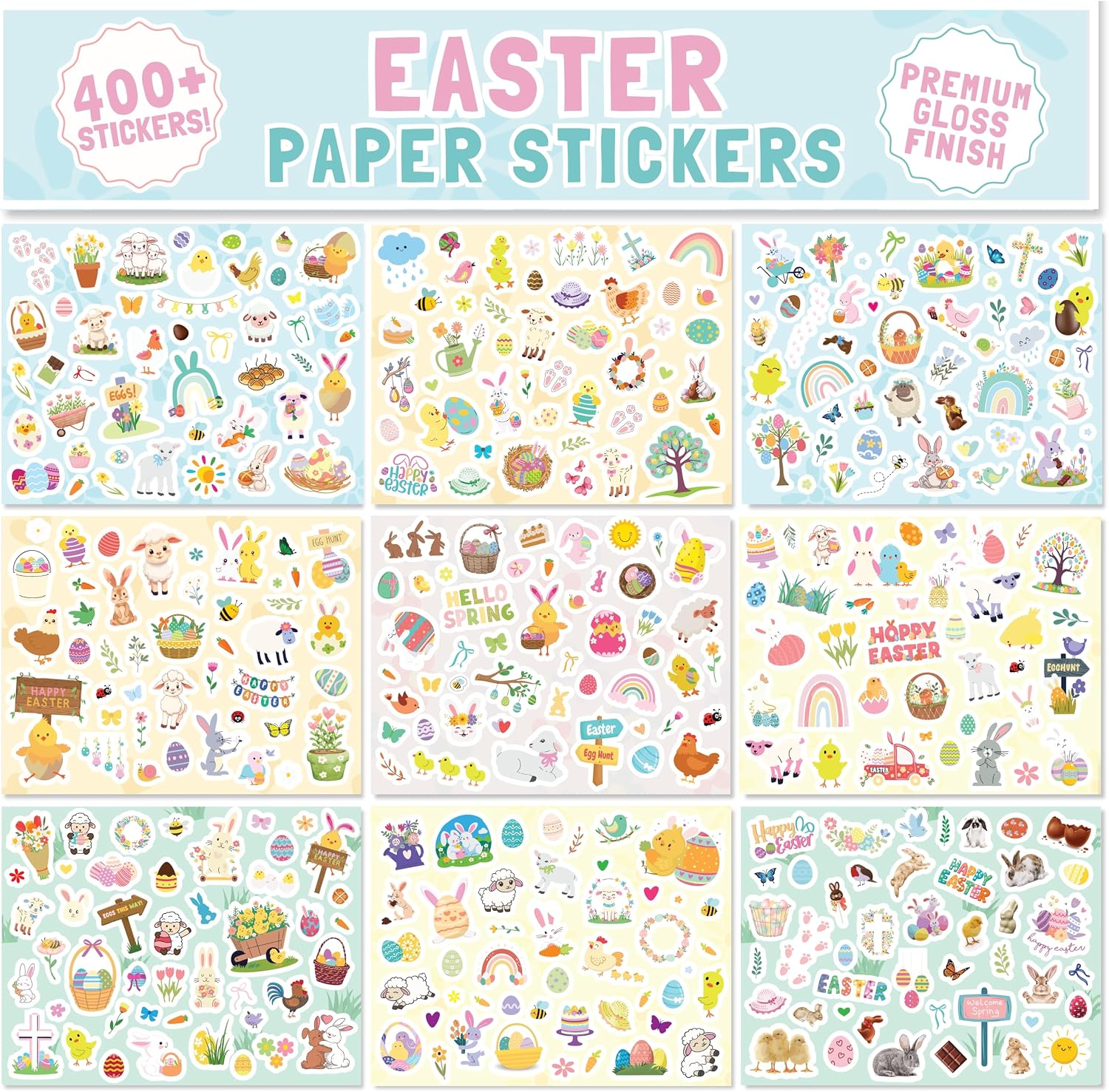 Easter Stickers - Over 400 Premium Self-Adhesive Gloss Paper Stickers for Children - Easter Bunny, Egg, Chick Designs - Scrapbooking, Crafting, Decorating Cards, Gifts, Party Bag Fillers for Kids