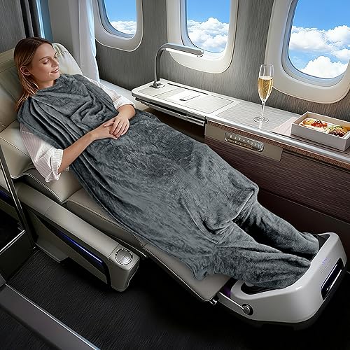 Miniatura 6 de Tirrinia Manta portátil de viaje con pies, poncho de oficina en avión, 4 en 1, bolsillo frontal con cremallera, acogedora manta de forro polar