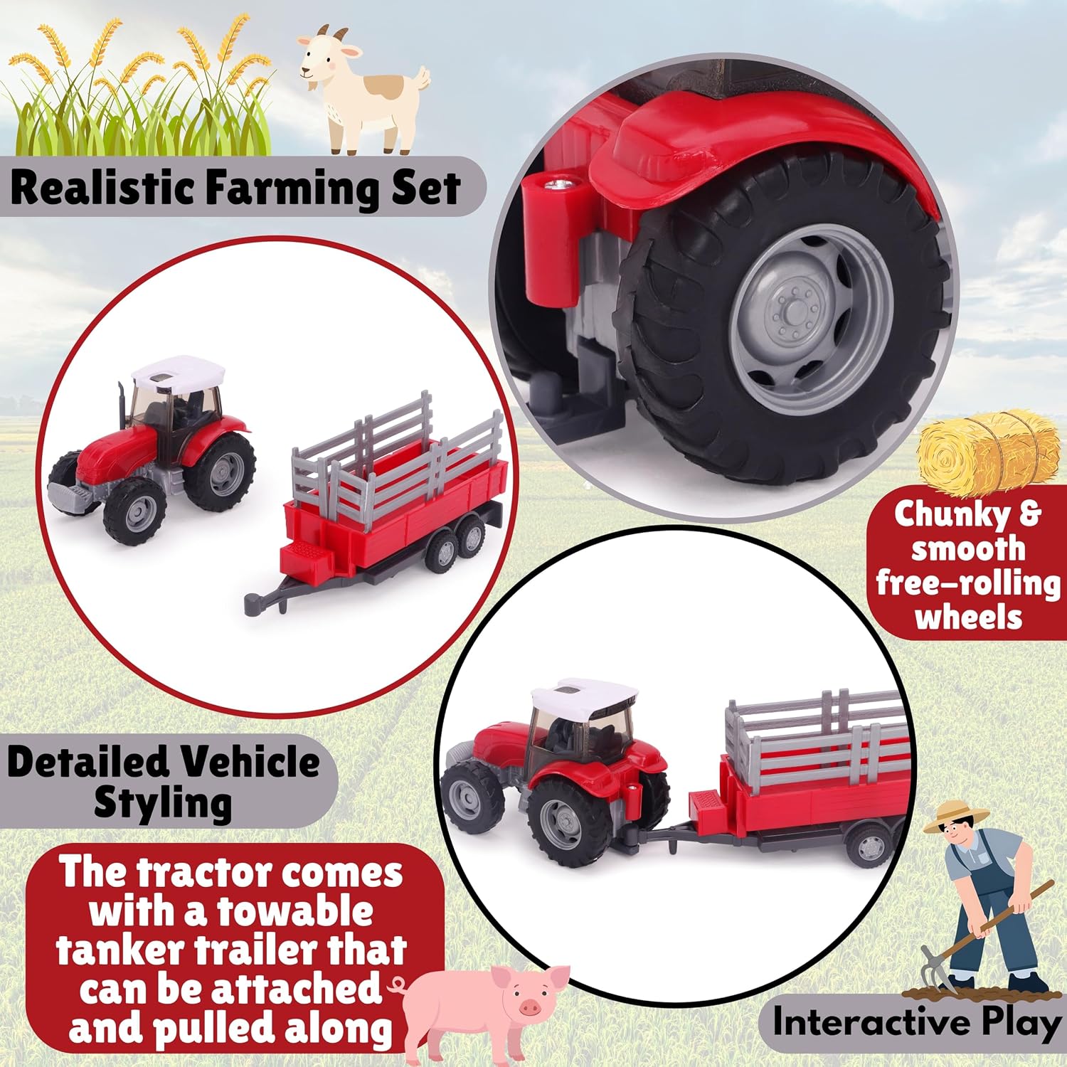 Toyland® - Farm Tractor and 22.5cm Tank/Trailer Set - Freewheel Action - Farm Toys for Boys (Red Trailer)