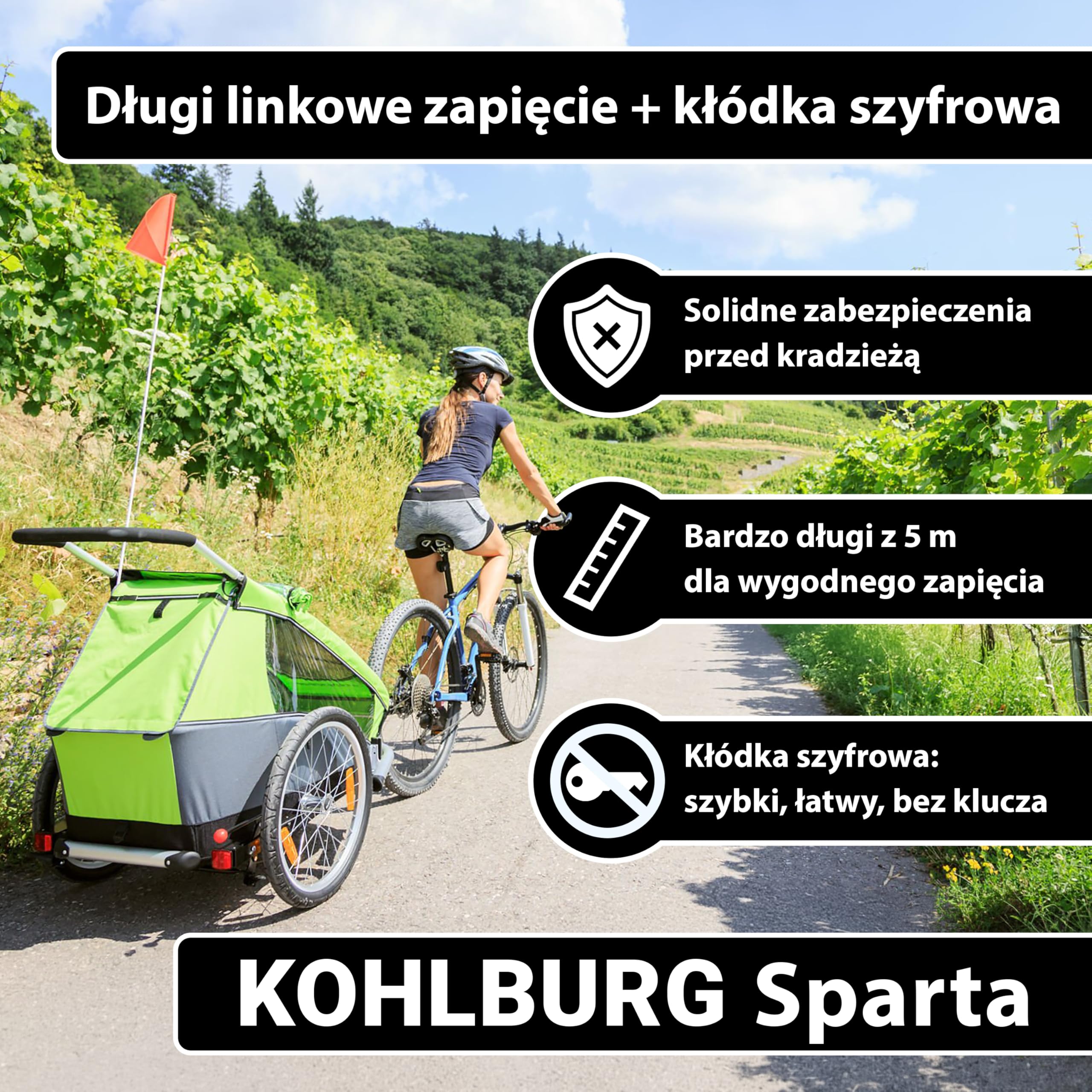 KOHLBURG Zamek Kablowy 5 m z Kodem Cyfrowym, Stalowa Linka z Osłoną | Do Roweru, Mebli Ogrodowych, Sprzętu, Szyfrowy z Możliwością Oddzielnego Użycia