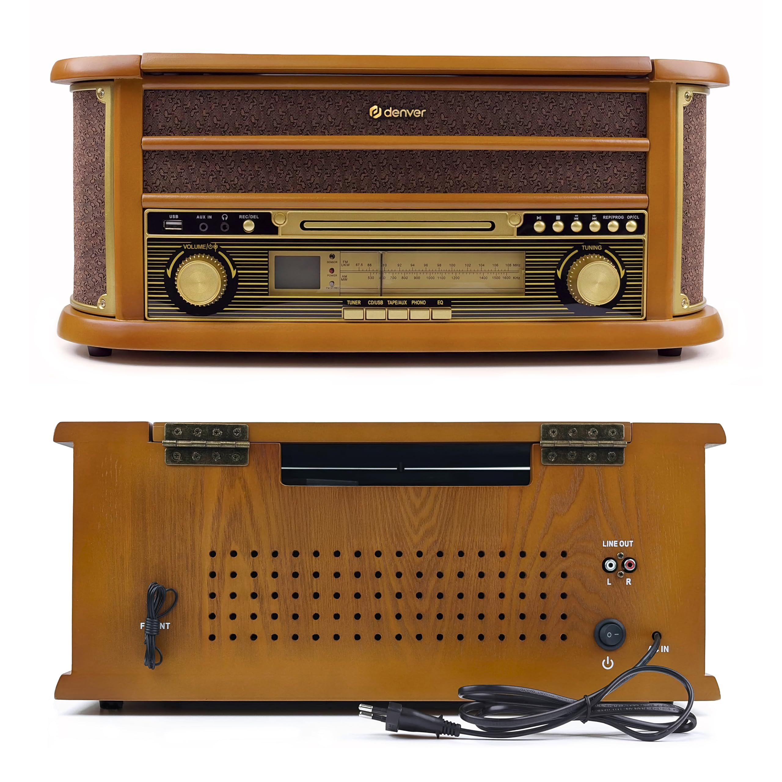 Denver MCR-50 Retro Musikanlage mit Plattenspieler mit Lautsprecher, Braun - Schallplattenspieler mit USB, Kassette & CD Support