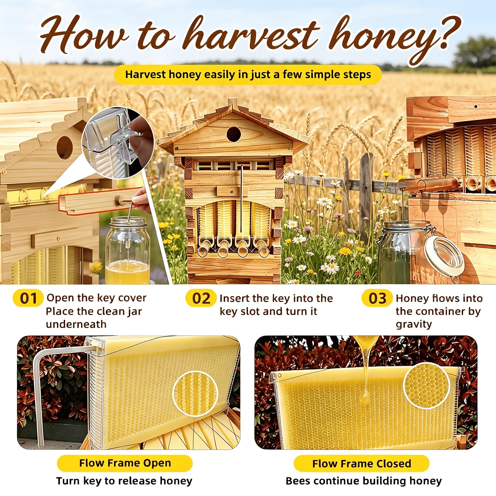 Flow Hive Bienenbox mit selbstfließendem Honigauslauf, nutzerfreundliches Set für Hobbyimker und Gartenbestäuber
