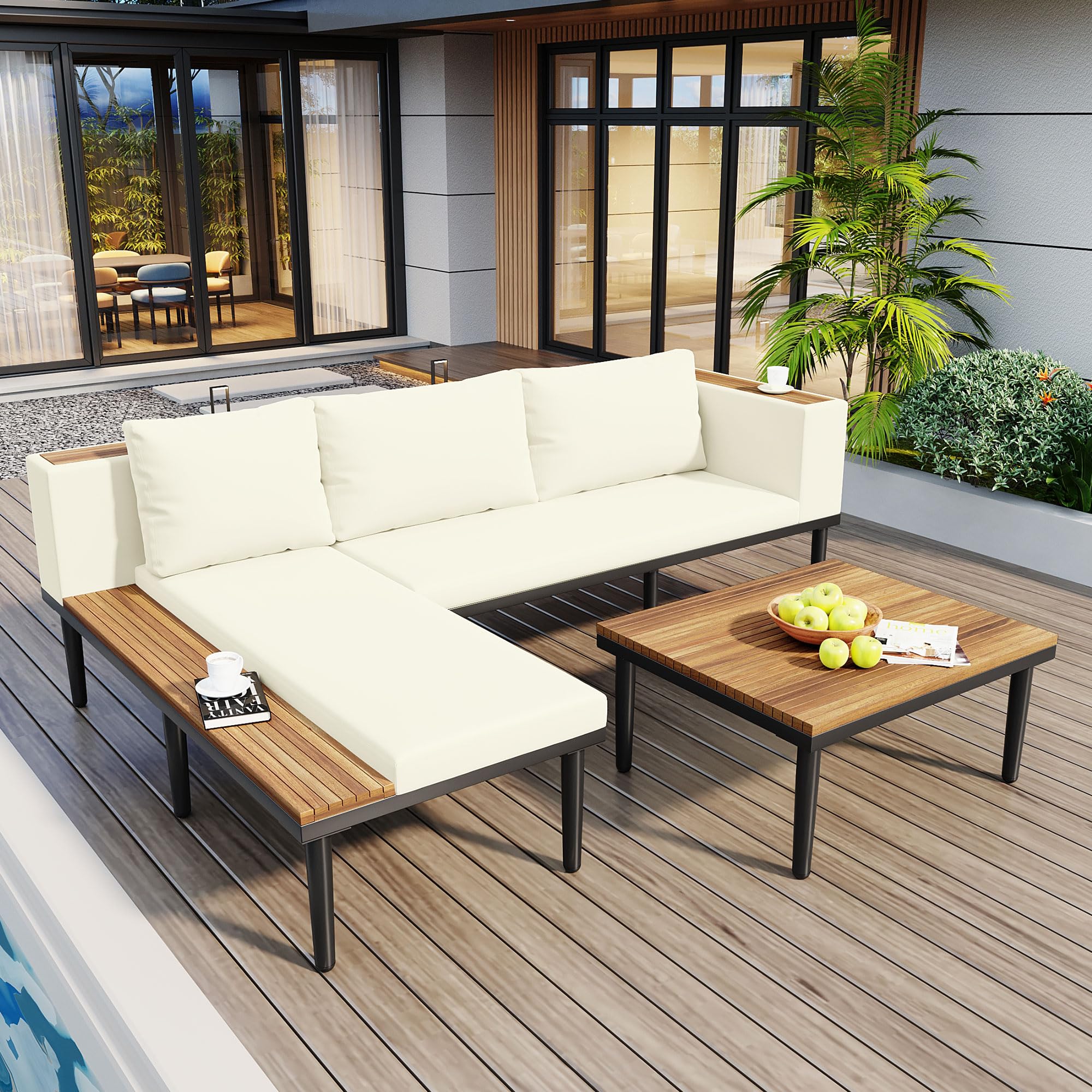 Luxury 4-Piece L-Shaped Outdoor Patio Sofa Set with Acacia Wood Side & Coffee Table, Removable Cushions & Pillows, Metal Frame, Comfortable Modular