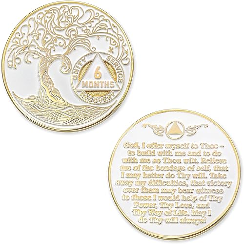 Miniatura 124 de 17 años Sobriety Mint Twisted Tree of Life - Medallón de recuperación AA/NA chapado en oro, fichas y fichas, color blanco
