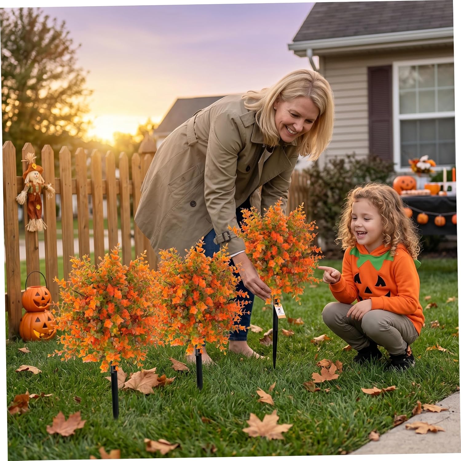 2 Pack Artificial Outdoor Shrubs, Fall Floral Stakes with Eucalyptus, Maple Leaves & Orange Flowers