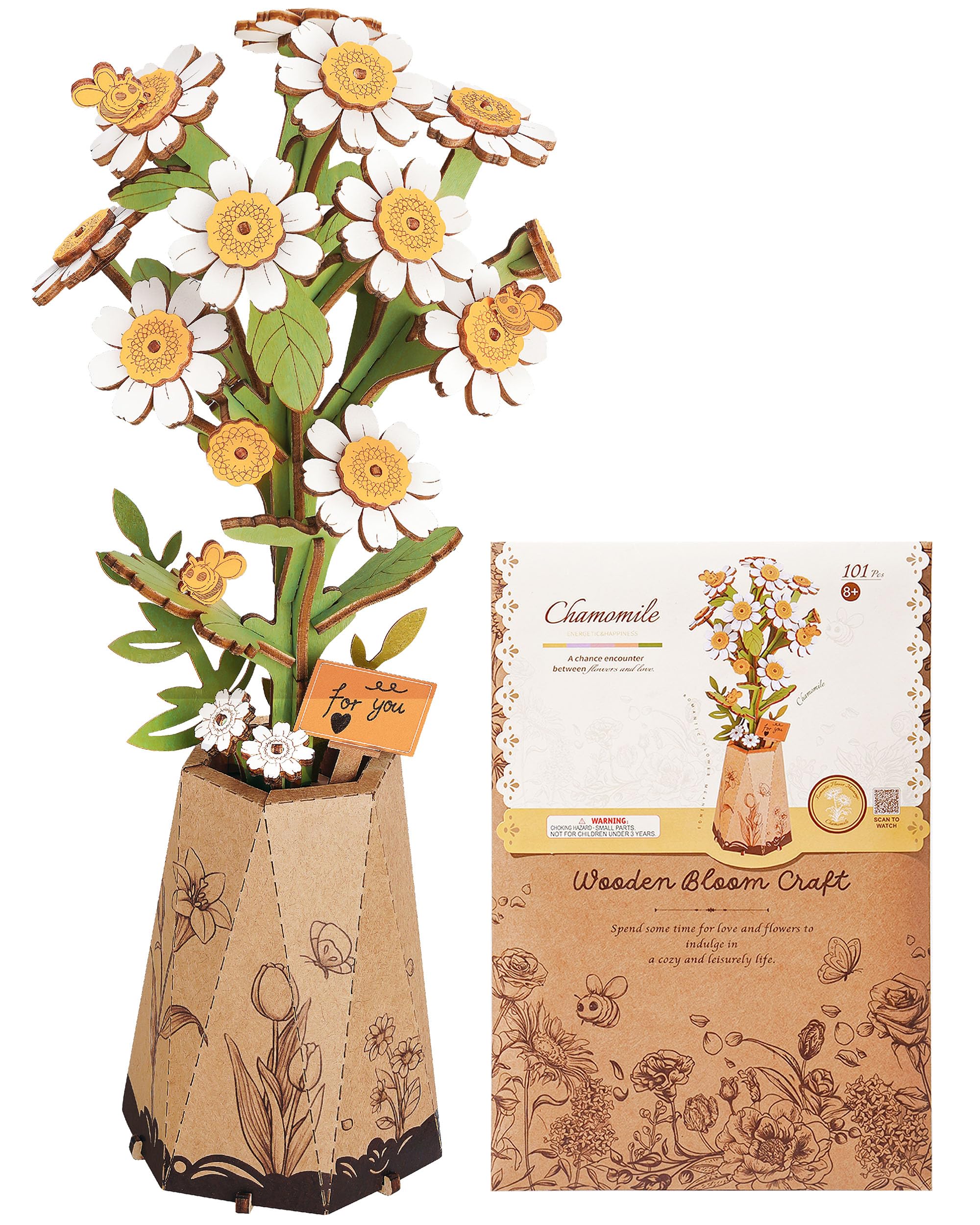 ROBOTIME 3D Puzzle Chamomile, Wooden Artificial Flowers Model Kits for Adults to Build Home Decor Accessories Living Room