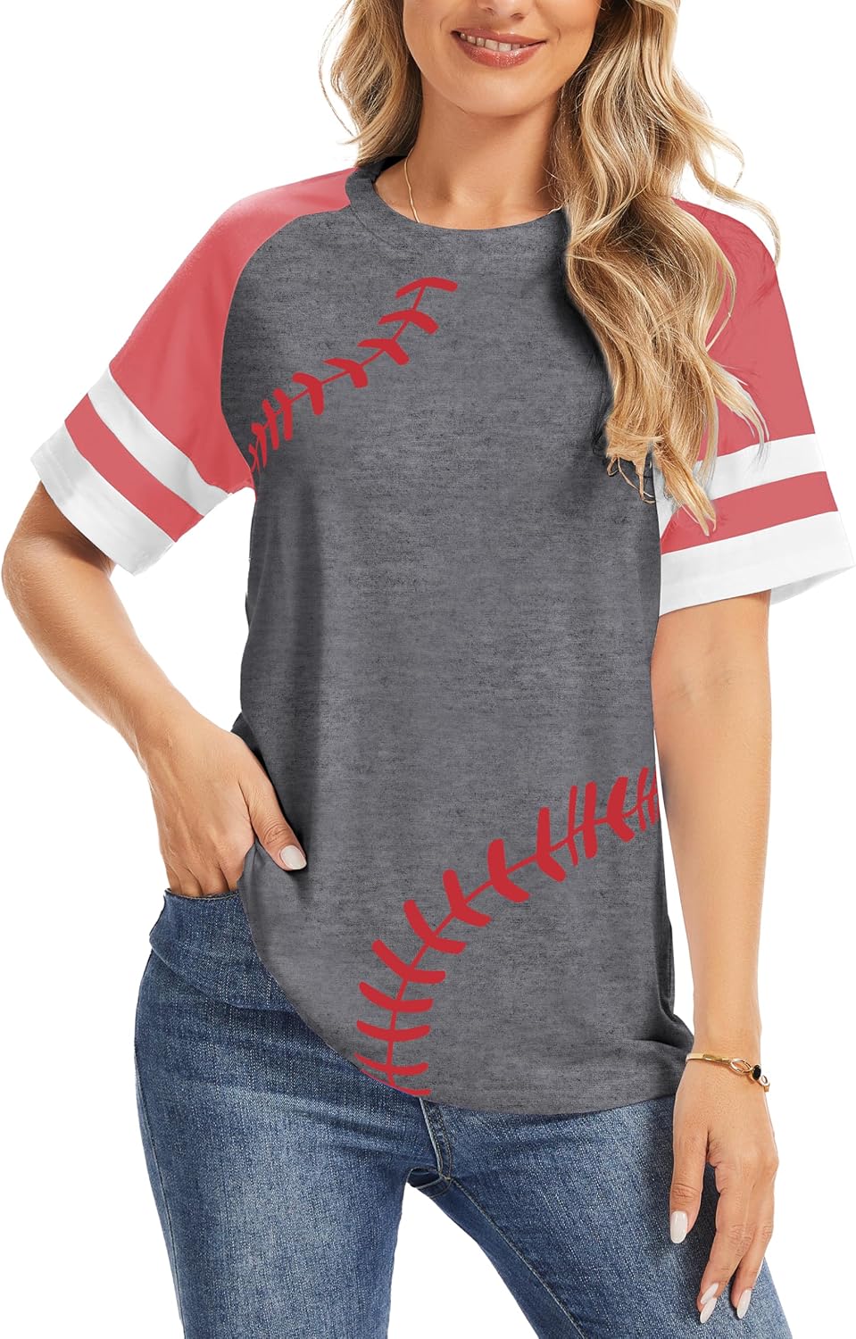 ETATNG Baseball Mom Shirt for Womens Raglan Shirt Short Sleeve Crewneck Patchwork Workout Baseball Tees