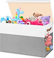 Mabahoo Large Collapsible Toy Storage Box Chest with Lid & Divider, 25x13x16 Inch White Gray Kids Organizer for Bedroom Nursery Playroom
