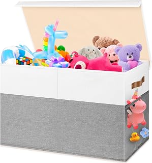 Mabahoo Large Collapsible Toy Storage Box Chest with Lid & Divider, 25x13x16 Inch White Gray Kids Organizer for Bedroom Nursery Playroom