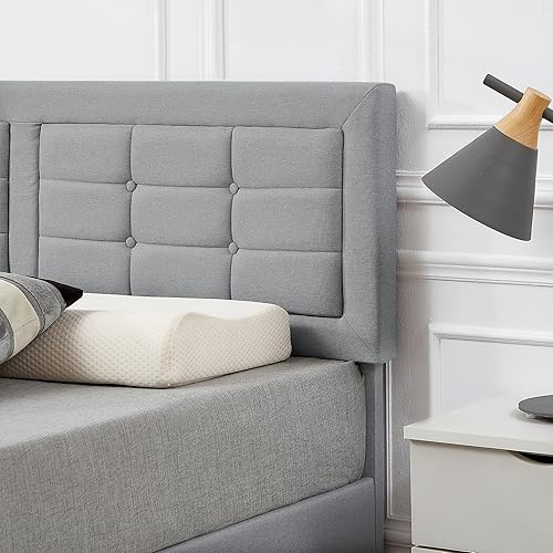 Miniatura 24 de VECELO Full Size Bed Frame with Storage Drawers, Upholstered Platform Bedframe with Wingback Headboard, No Box Spring Needed, Light Grey Gris
