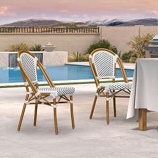 PURPLE LEAF Outdoor Dining Chair Set of 2 Patio French Aluminium Frame in Bamboo Finish with Sky Blue & White Woven Rattan for Indoor Kitchen Deck Bistros Cafe Restaurant
