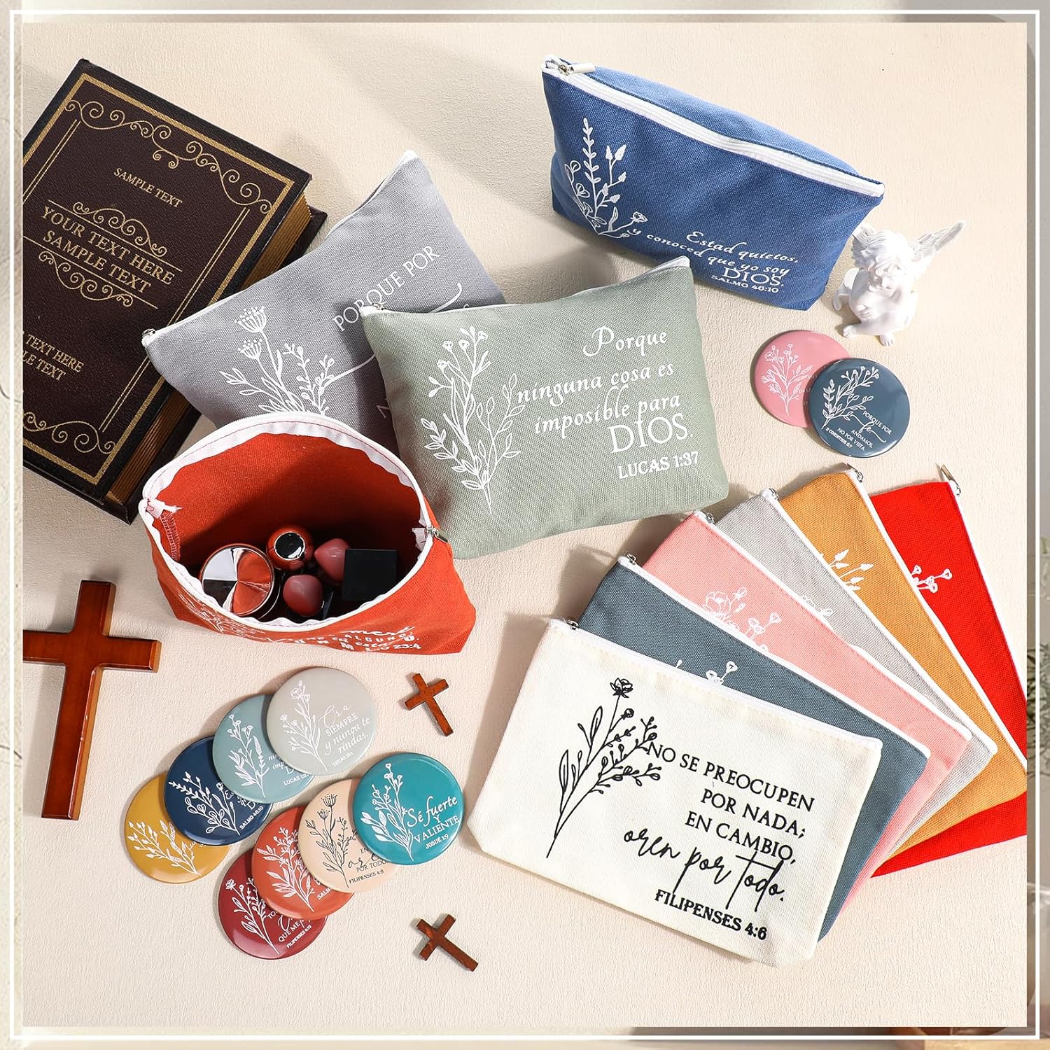 Kacctyen Spanish Christian Easter Gifts for Women Bulk Bible Verse Makeup Bags Religious Gifts Regalos Cristianos Para Mujer Canvas Pouch Compact Mirrors for Female Mom Church(Morandi Color,10 Sets) - Image 4