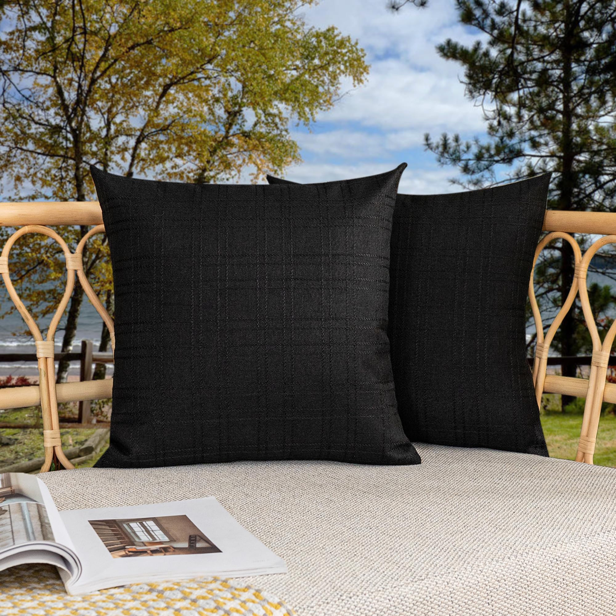 Kevin Textile Outdoor Waterproof Cushion Covers 40x40 cm Set of 2 Checkered Texture Faux Linen Water Resistant Seat Cushions Cover 16x16 Inch for Garden Patio Couch Sofa Chair Seats, Black