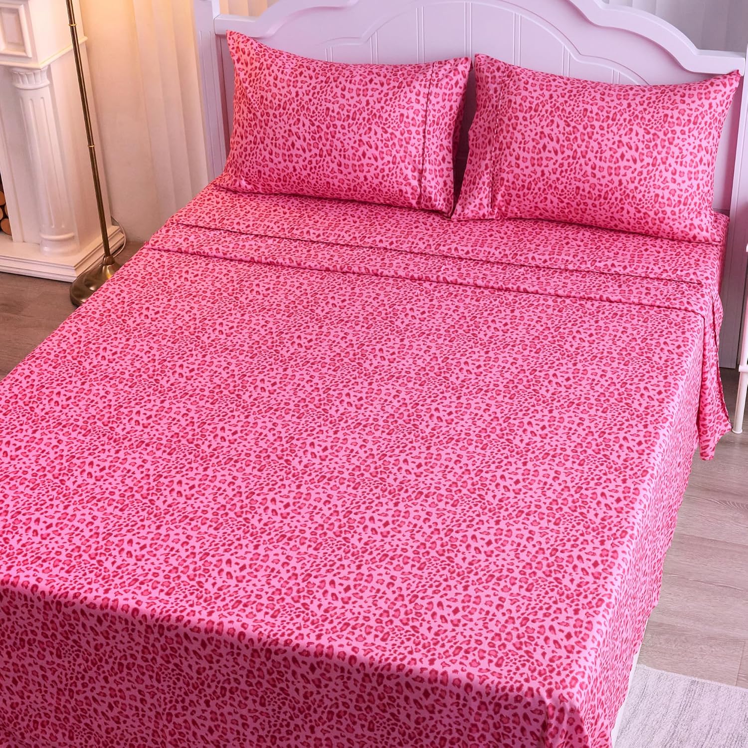 King Leopard Print Sheets, Cheetah Pattern King Size Sheet Set with Elastic Corner Straps, Soft Microfiber Animal Bedsheet, Hot Pink